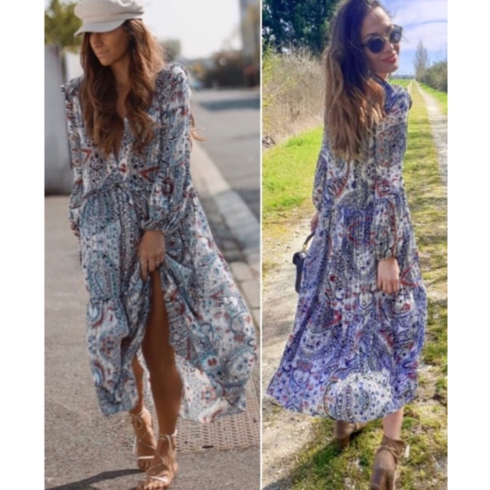 Zara Paisley Floral Smocked Long Sleeve Midi Dress